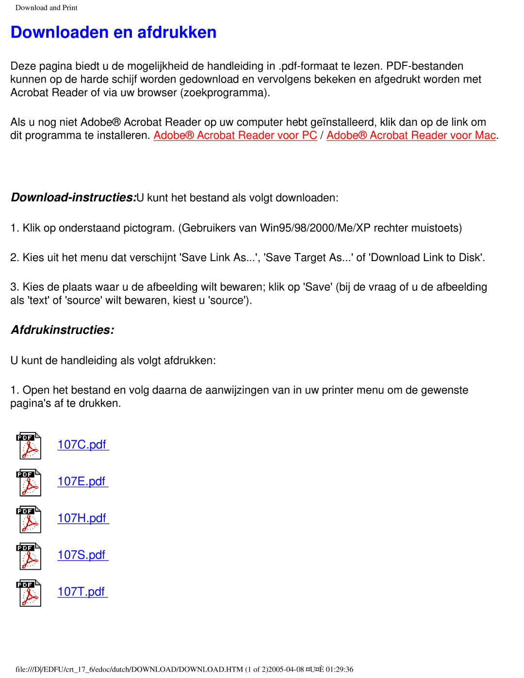 Philips 107C user manual Downloaden en afdrukken, Afdrukinstructies 