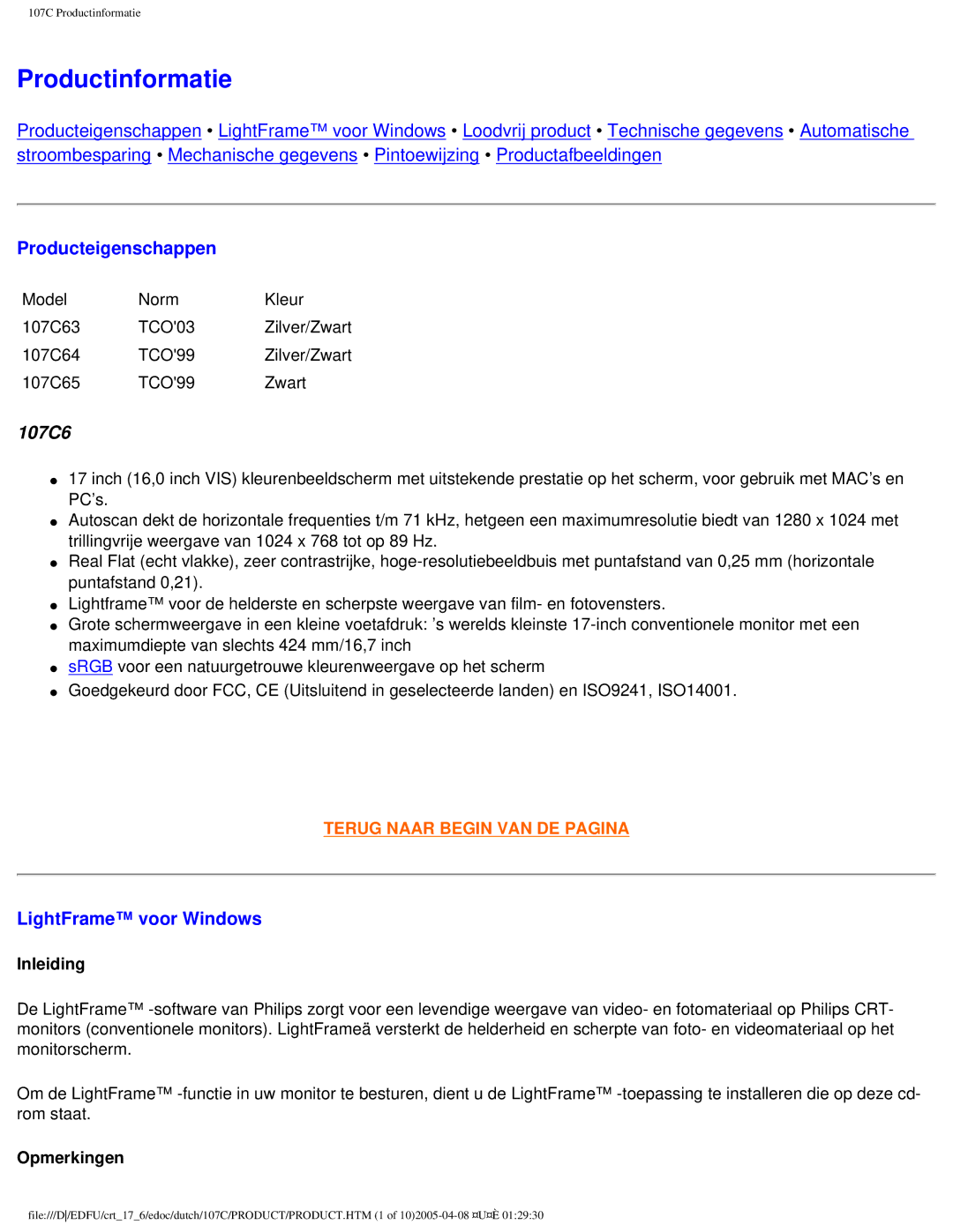 Philips 107C user manual Productinformatie 