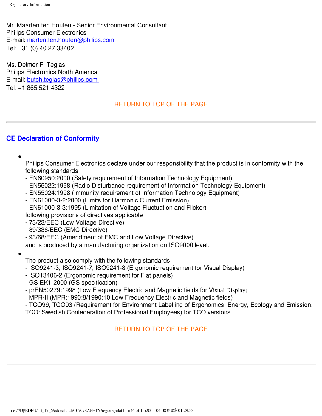 Philips 107C user manual CE Declaration of Conformity 