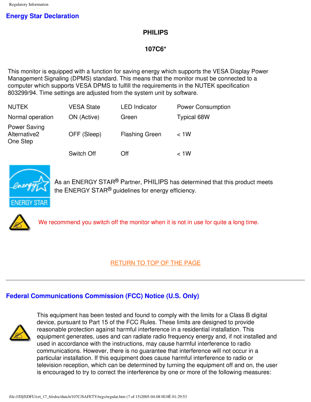 Philips user manual Energy Star Declaration, 107C6, Federal Communications Commission FCC Notice U.S. Only 