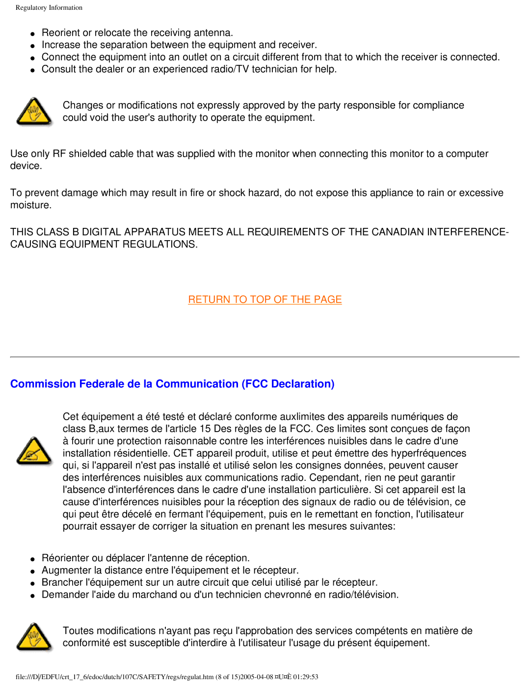 Philips 107C user manual Commission Federale de la Communication FCC Declaration 