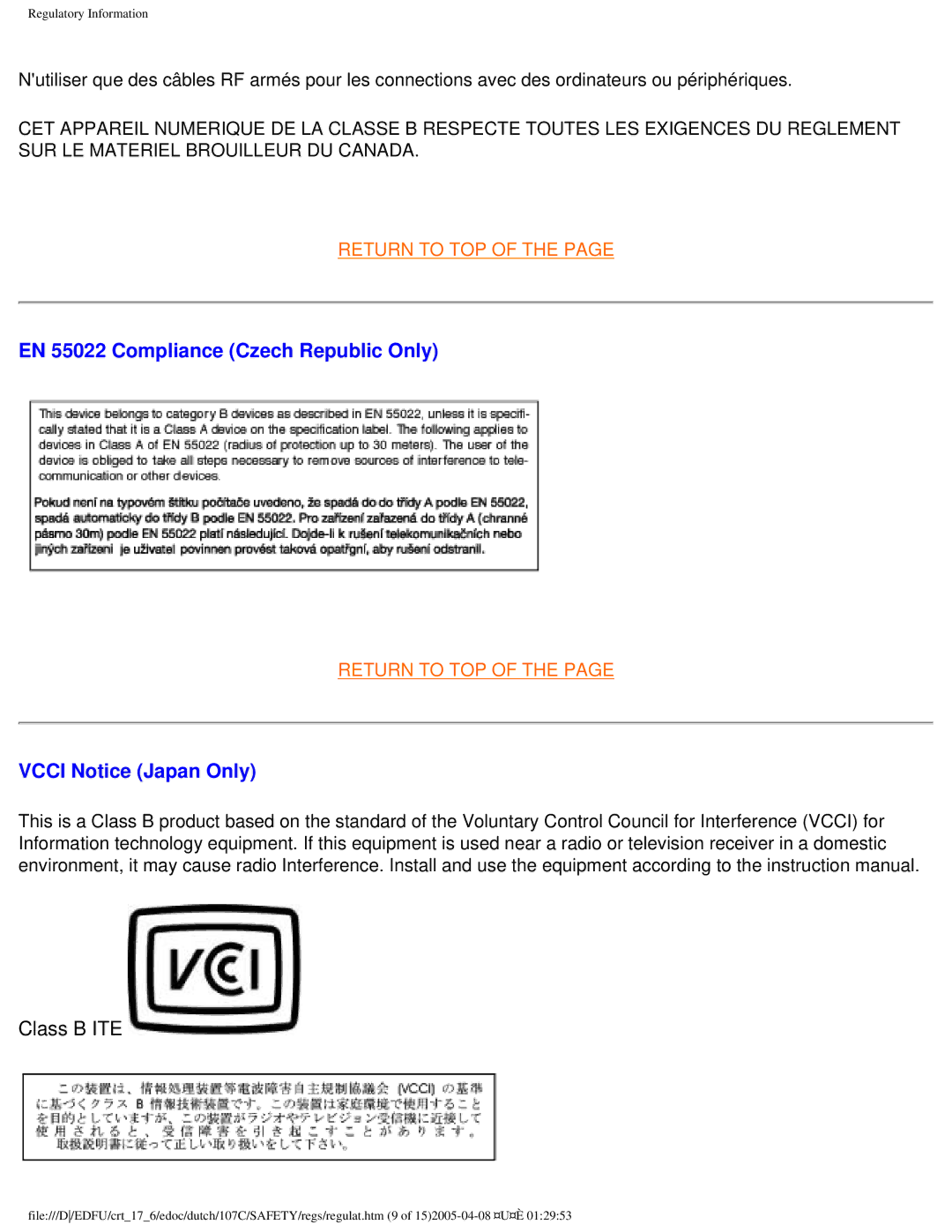 Philips 107C user manual EN 55022 Compliance Czech Republic Only, Vcci Notice Japan Only 