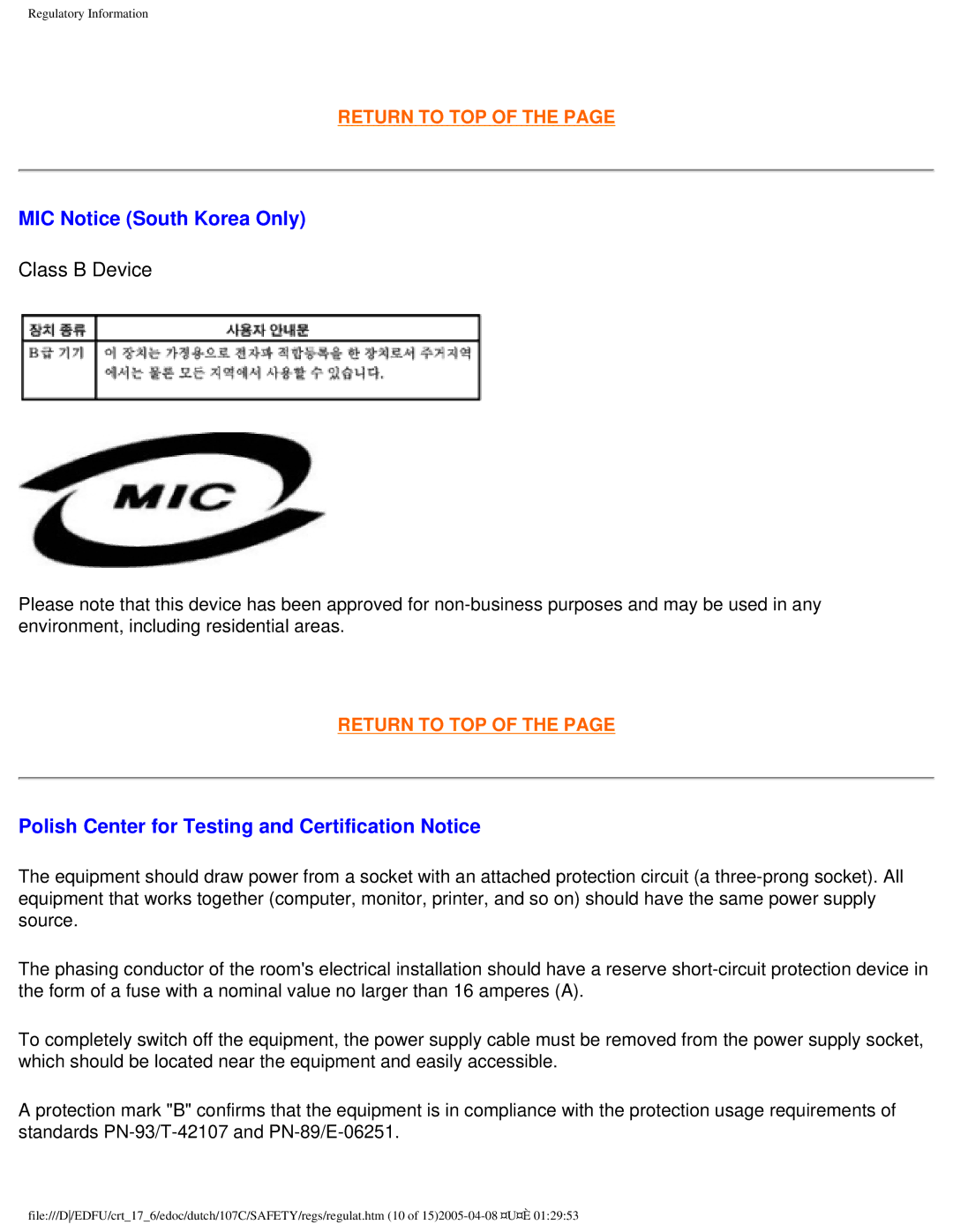 Philips 107C user manual MIC Notice South Korea Only, Polish Center for Testing and Certification Notice 