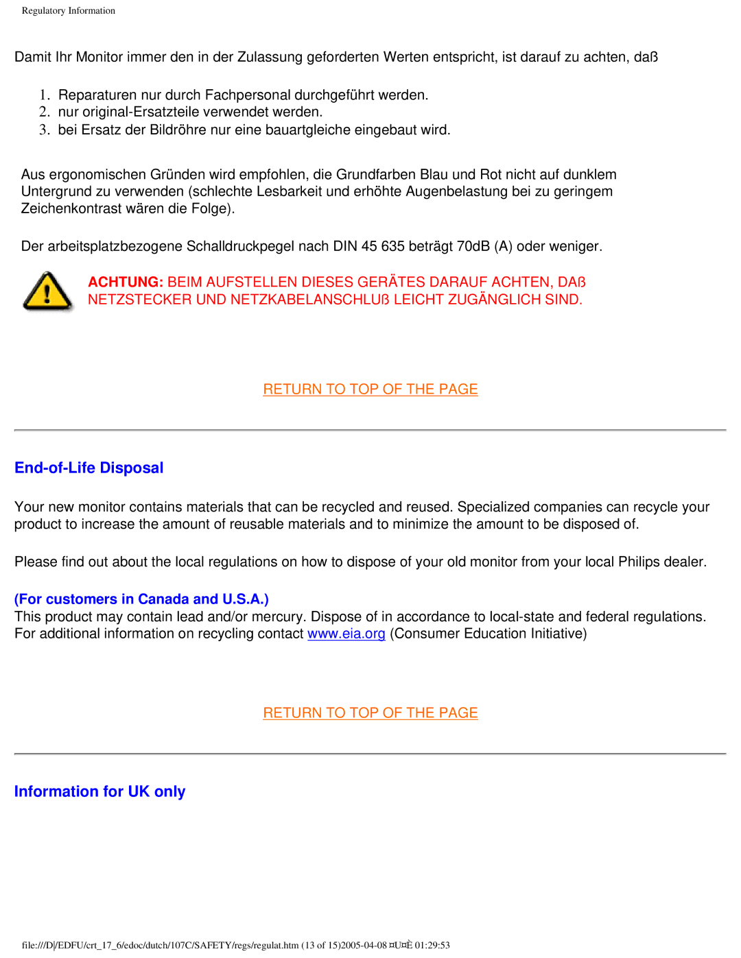 Philips 107C user manual End-of-Life Disposal, Information for UK only 