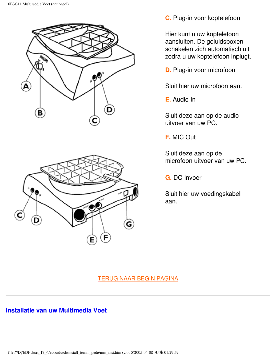 Philips 107C user manual Installatie van uw Multimedia Voet 