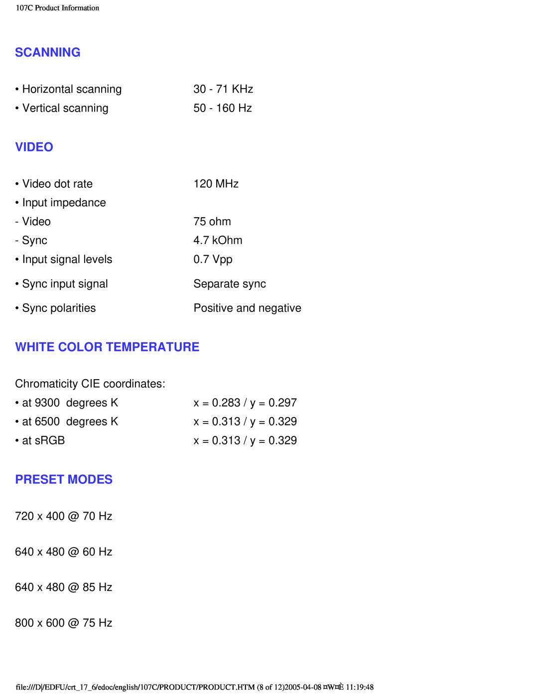 Philips 107C65 user manual Scanning, Video, White Color Temperature, Preset Modes 