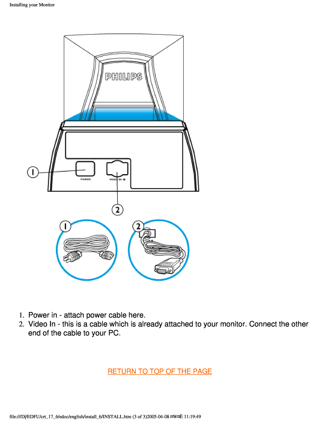 Philips 107C65 user manual Power in - attach power cable here, Return To Top Of The Page, Installing your Monitor 