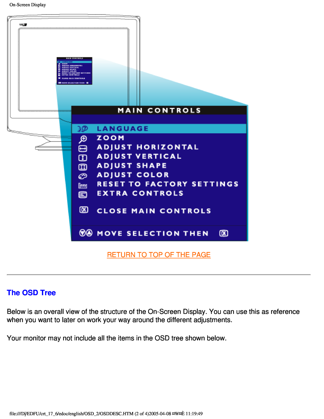 Philips 107C65 user manual The OSD Tree, Return To Top Of The Page, On-ScreenDisplay 
