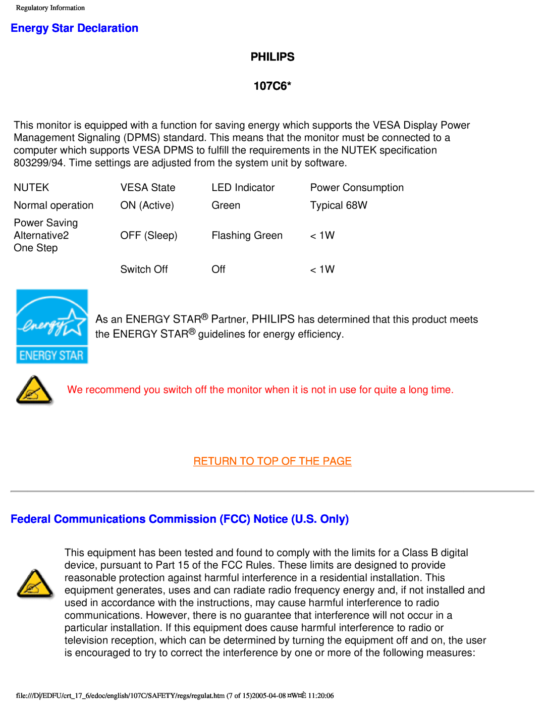 Philips 107C65 user manual Energy Star Declaration, PHILIPS 107C6, Return To Top Of The Page 