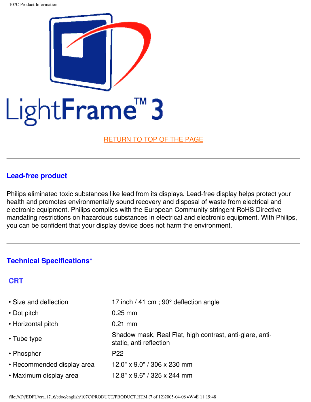 Philips 107C65 user manual Lead-free product, Technical Specifications 