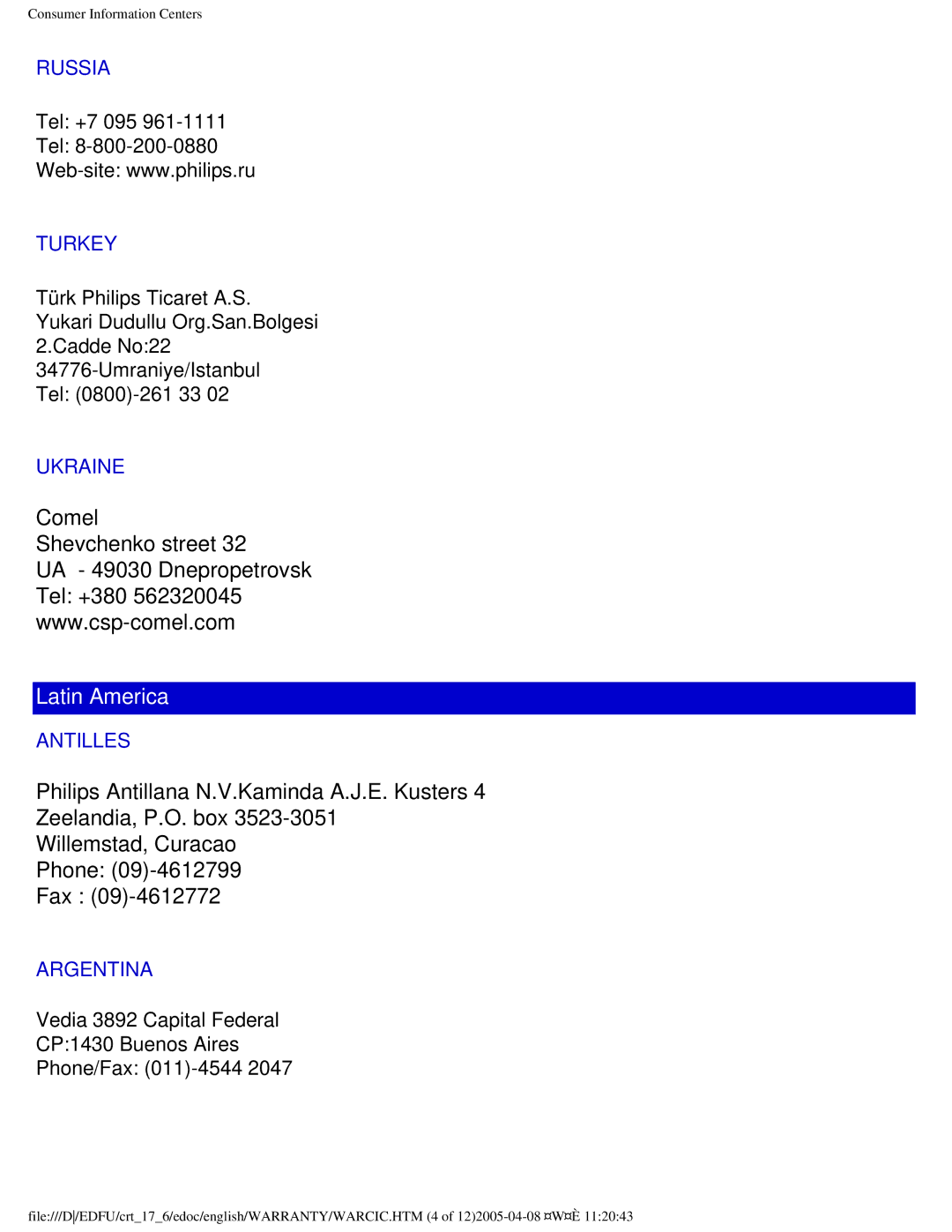 Philips 107C65 user manual Latin America 