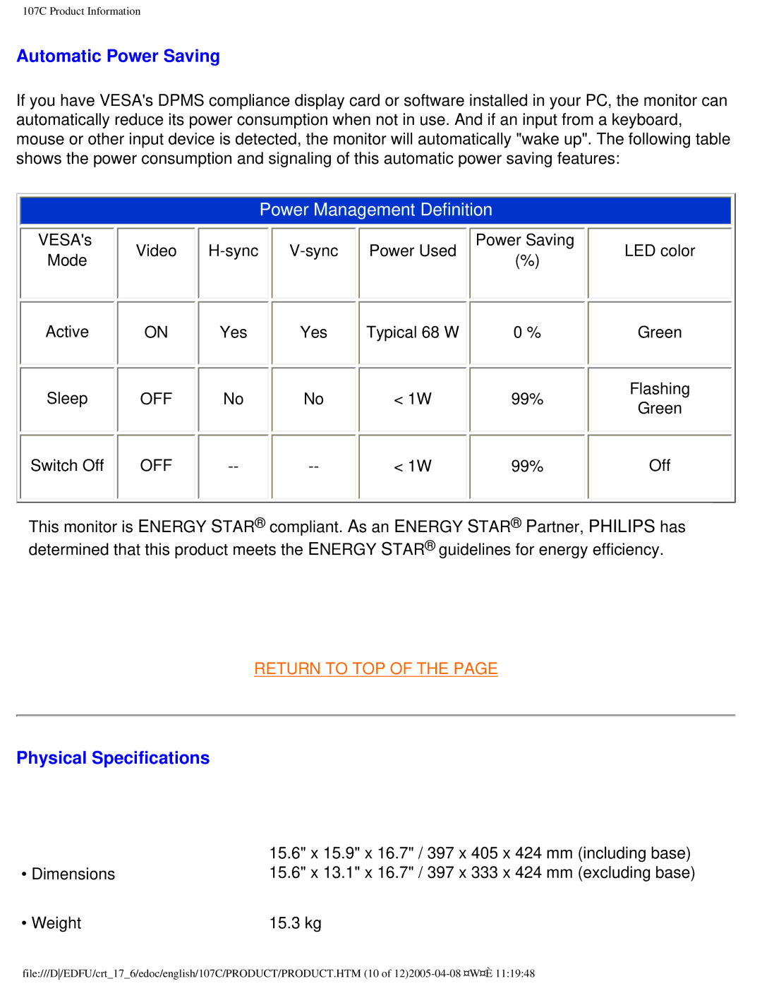 Philips 107C65 user manual Automatic Power Saving, Physical Specifications 