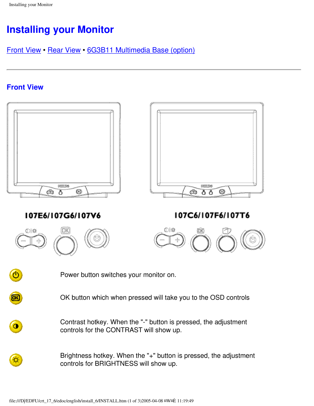 Philips 107C65 user manual Installing your Monitor, Front View 