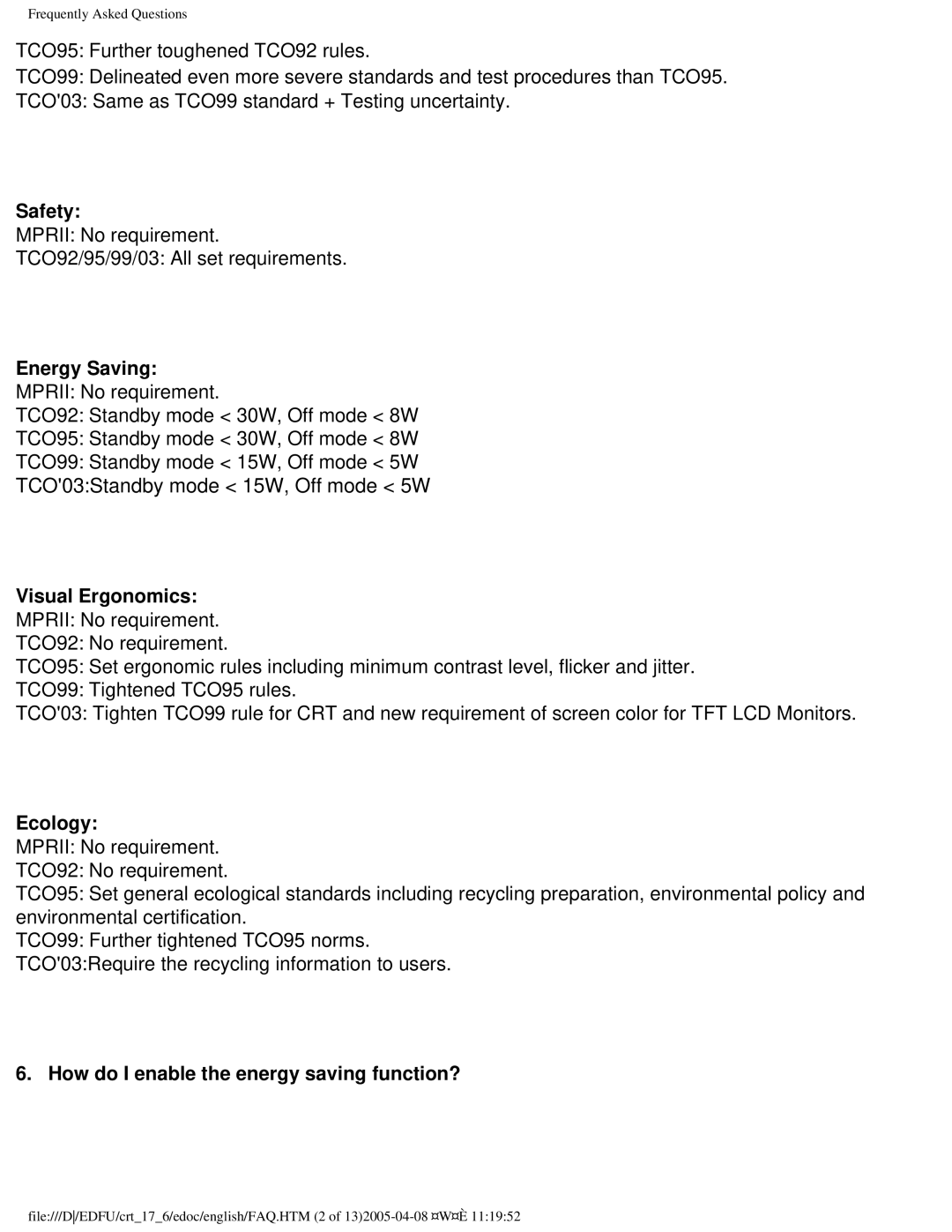 Philips 107C65 user manual Safety, Energy Saving, Ecology, How do I enable the energy saving function? 