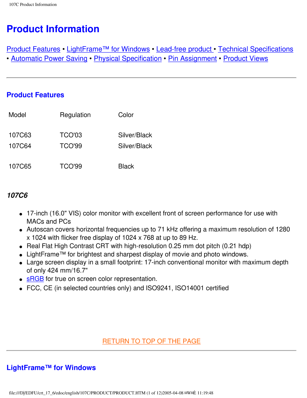 Philips 107C65 user manual Product Information, Product Features, LightFrame for Windows 