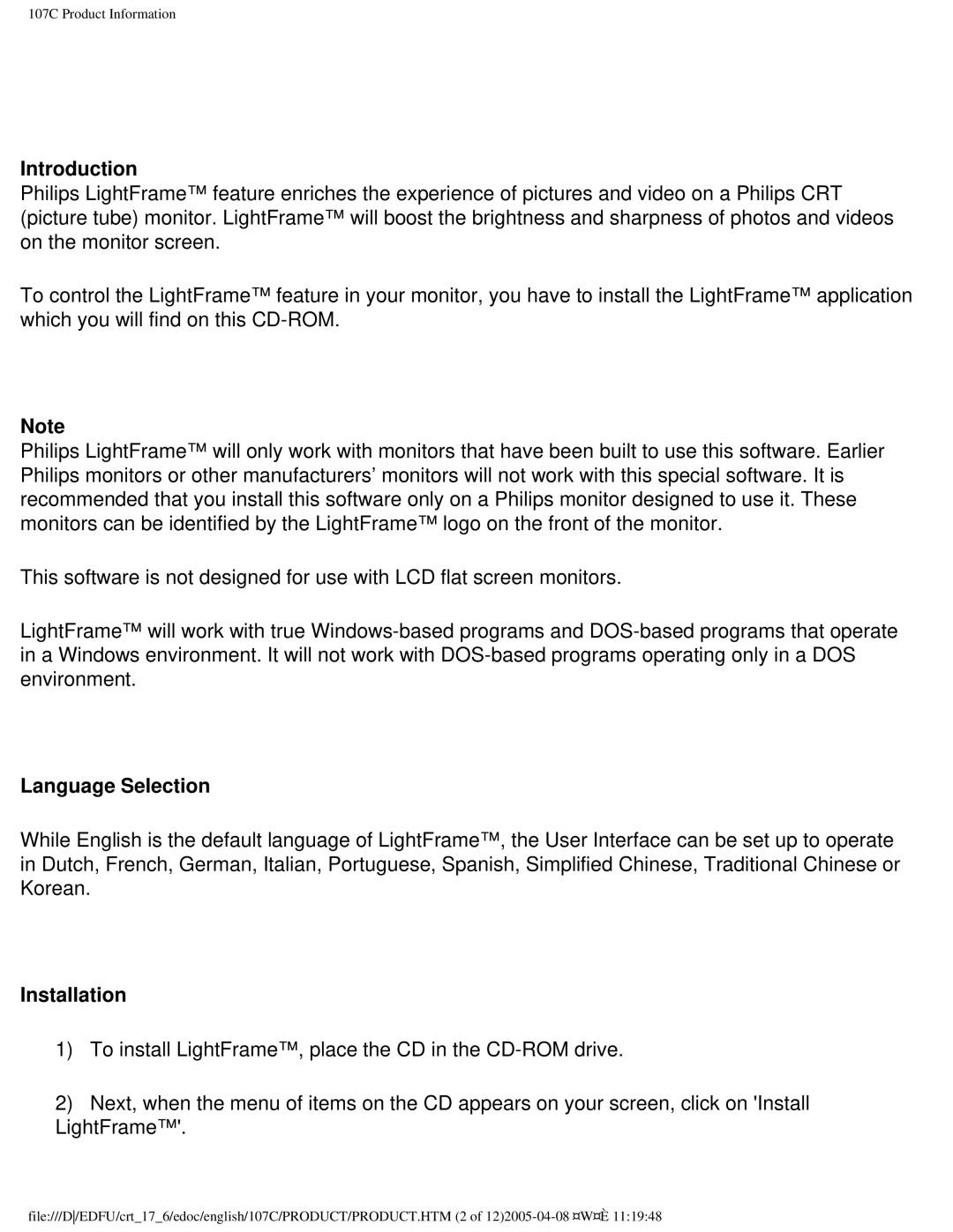 Philips 107C65 user manual Introduction, Language Selection, Installation 