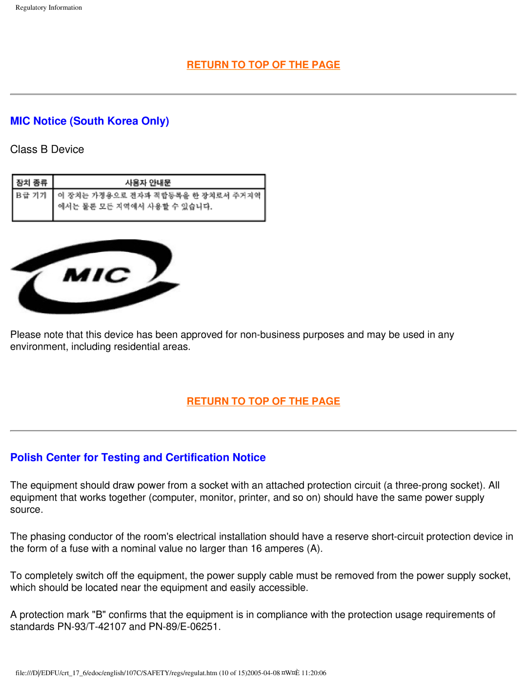 Philips 107C65 user manual MIC Notice South Korea Only, Polish Center for Testing and Certification Notice 