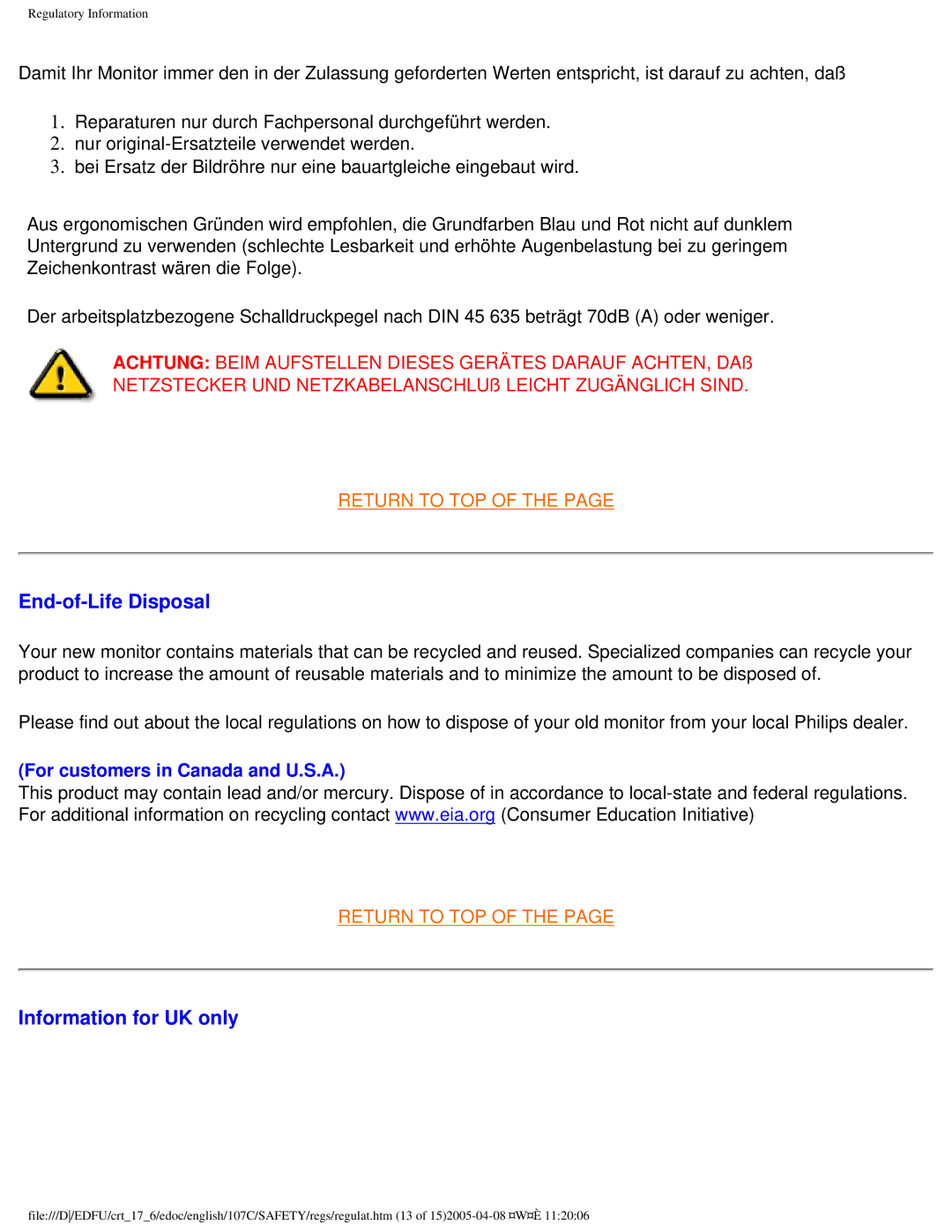 Philips 107C65 user manual End-of-Life Disposal, Information for UK only 