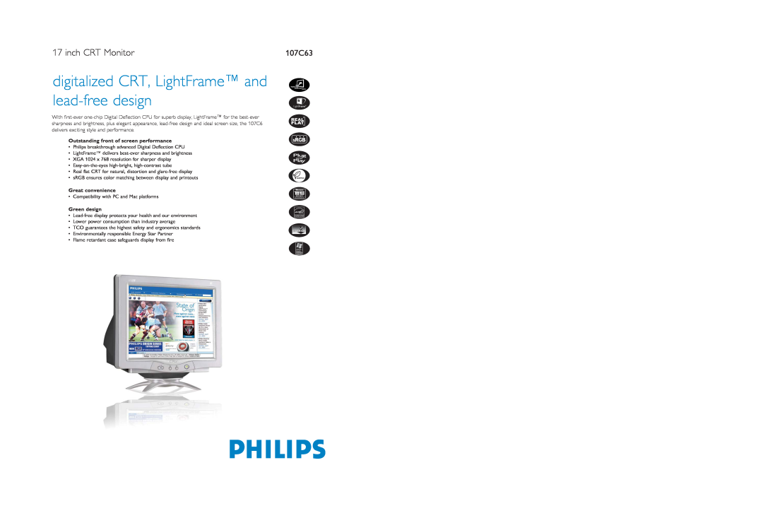 Philips 107C63 dimensions inch CRT Monitor, Outstanding front of screen performance, Great convenience, Green design 