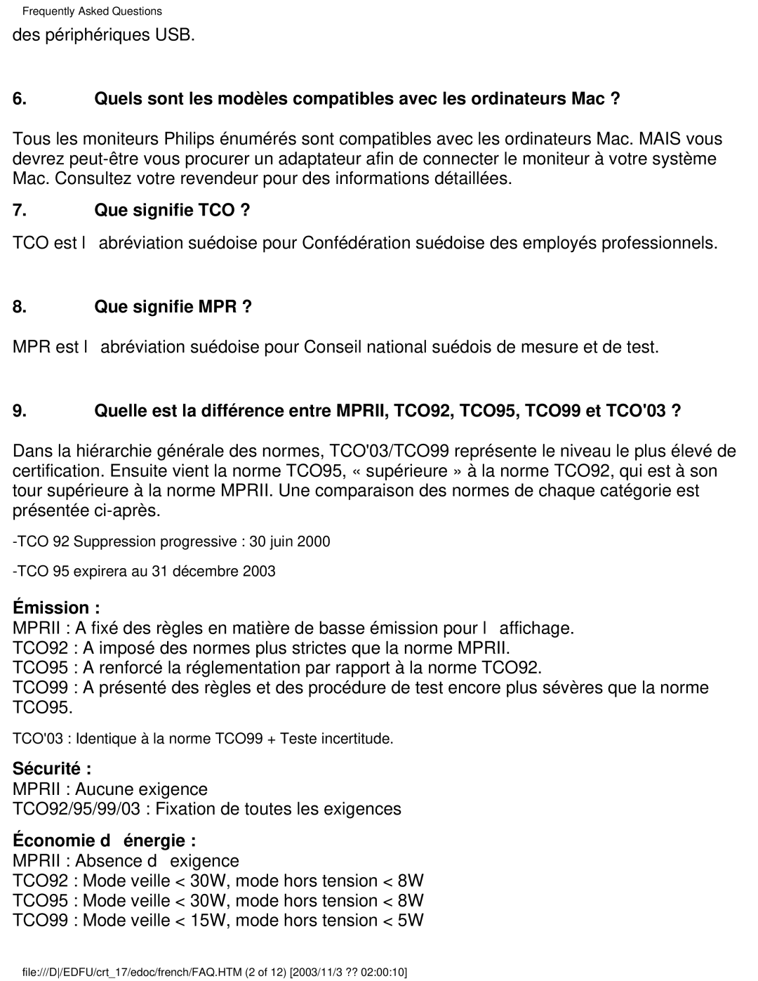 Philips 107E user manual Que signifie TCO ?, Que signifie MPR ?, Émission, Sécurité, Économie dénergie 