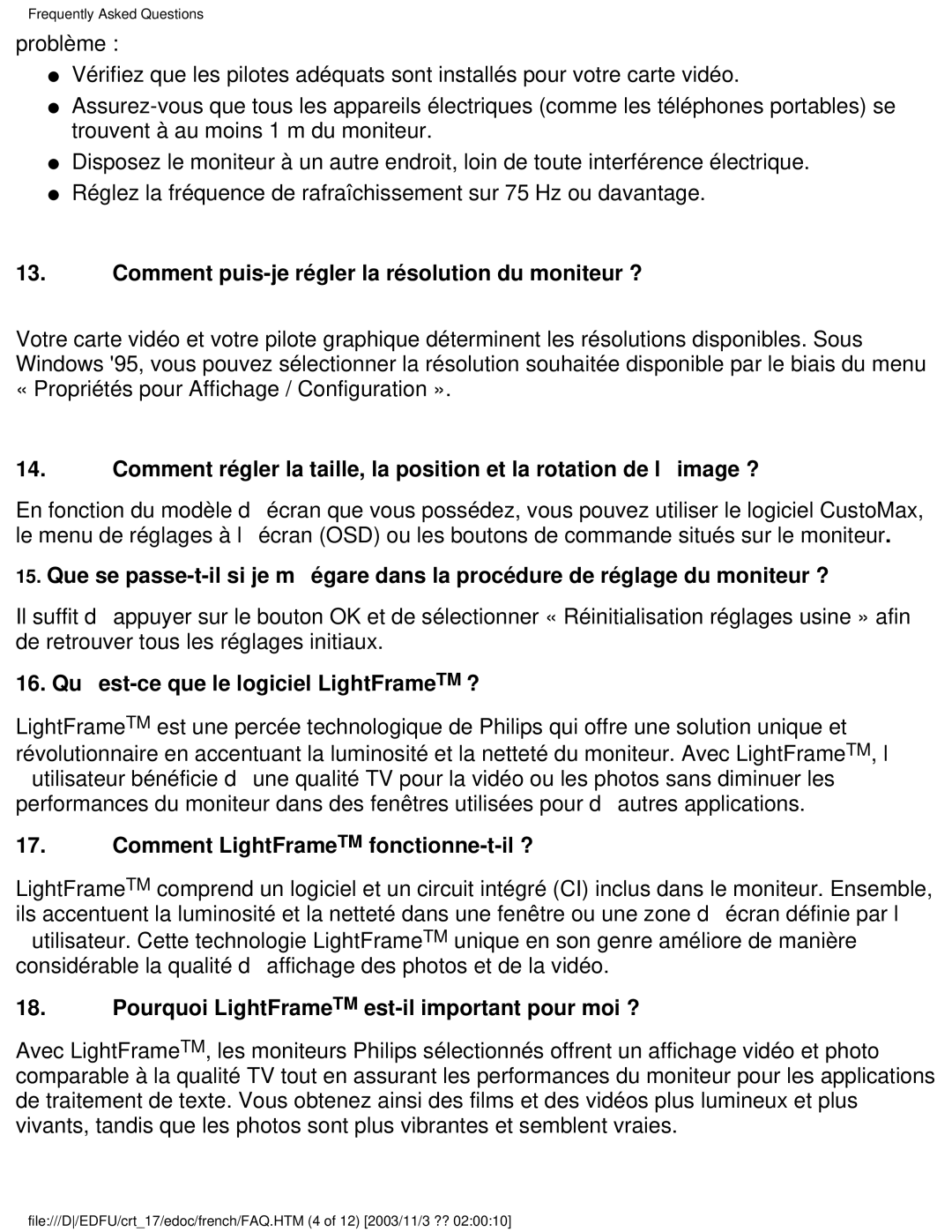 Philips 107E user manual Comment puis-je régler la résolution du moniteur ?, Quest-ce que le logiciel LightFrameTM ? 