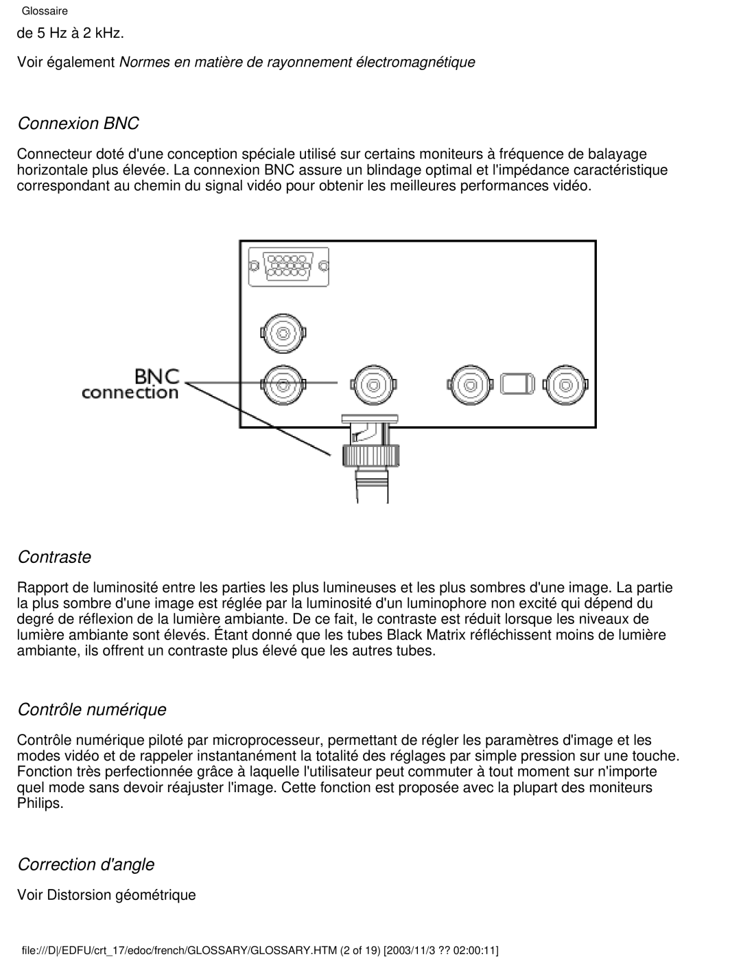 Philips 107E user manual Connexion BNC, Contraste, Contrôle numérique, Correction dangle 