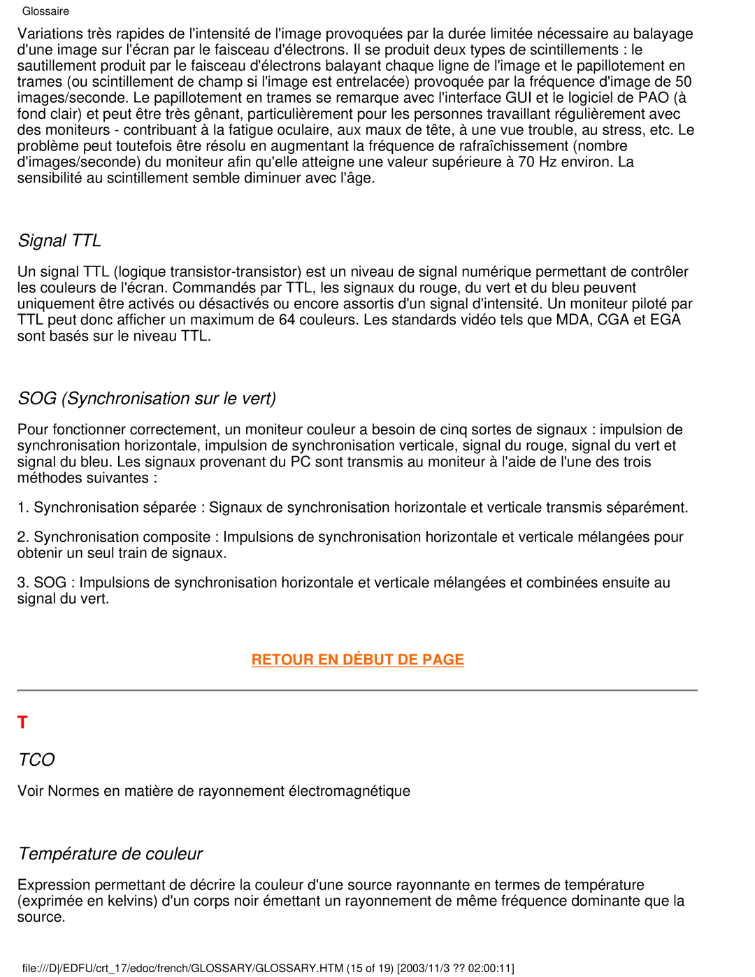 Philips 107E user manual Signal TTL, SOG Synchronisation sur le vert, Température de couleur 