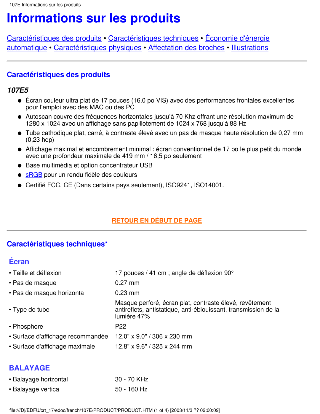 Philips 107E user manual Informations sur les produits, Caractéristiques des produits, Caractéristiques techniques 