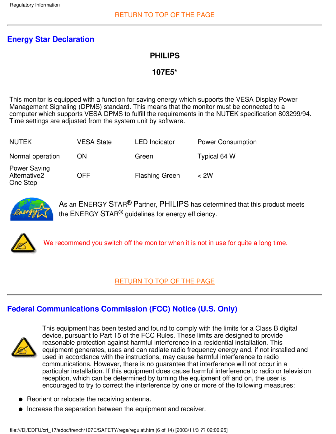 Philips user manual Energy Star Declaration, Philips, 107E5, Federal Communications Commission FCC Notice U.S. Only 