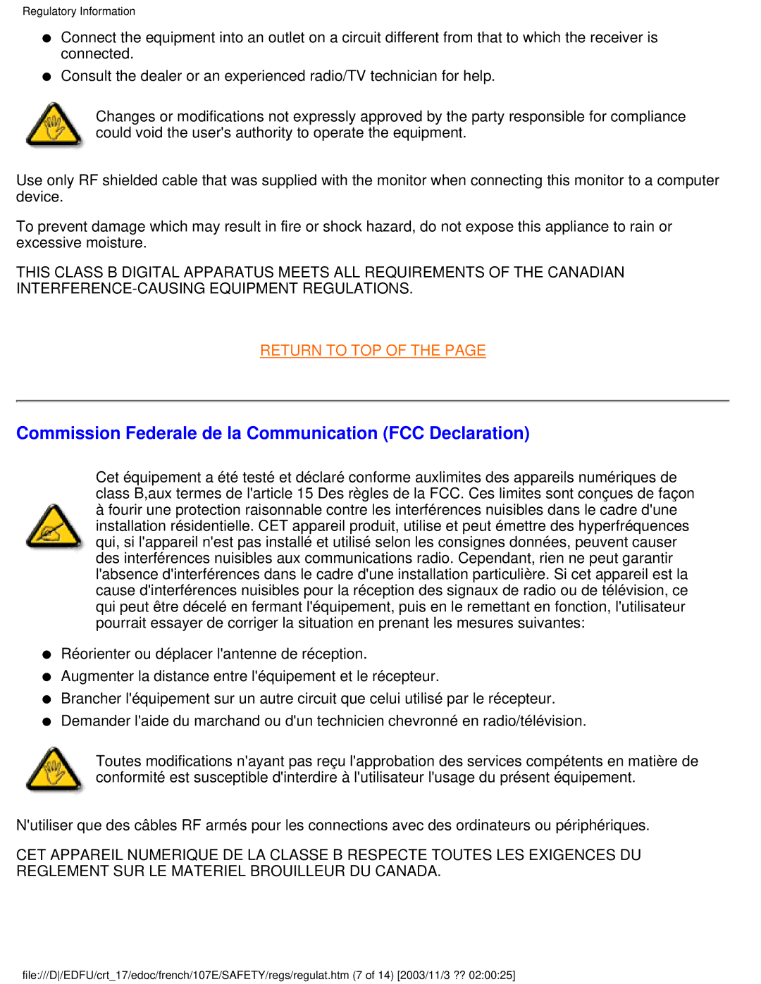 Philips 107E user manual Commission Federale de la Communication FCC Declaration 