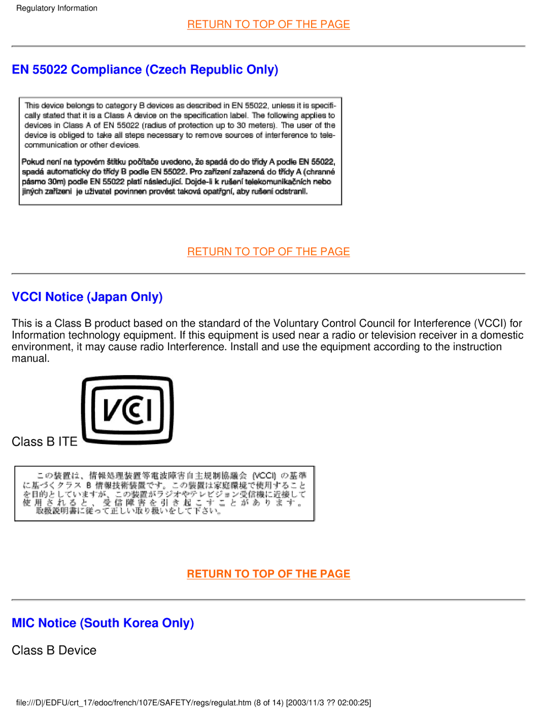 Philips 107E user manual EN 55022 Compliance Czech Republic Only, Vcci Notice Japan Only, MIC Notice South Korea Only 