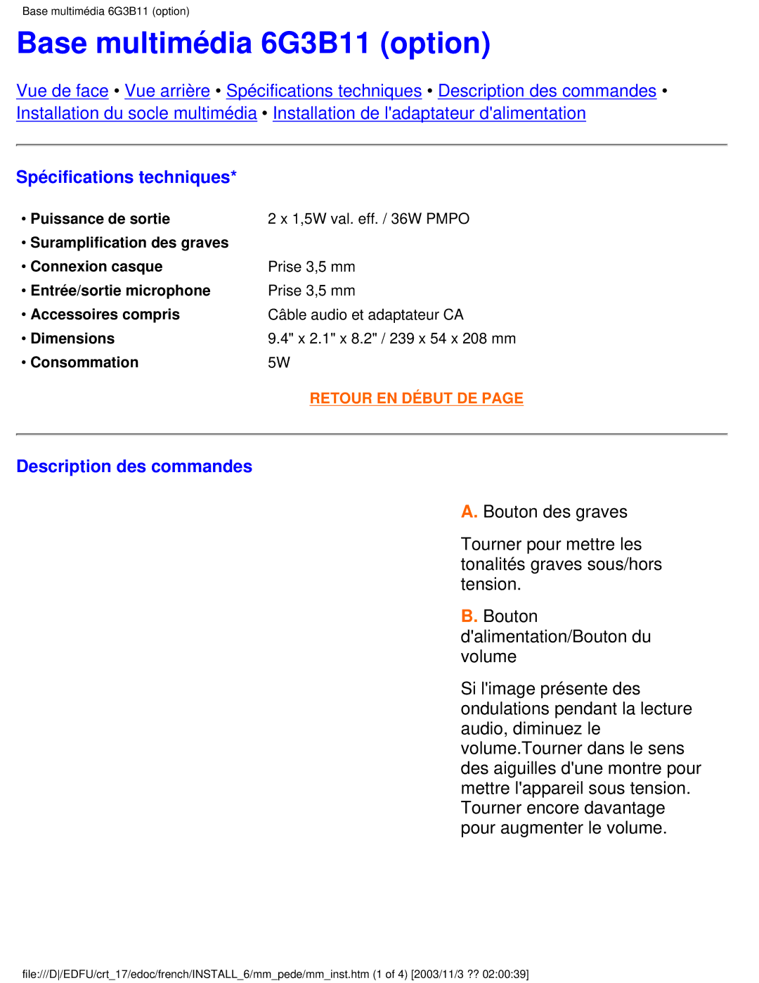 Philips 107E user manual Base multimédia 6G3B11 option, Spécifications techniques, Description des commandes 