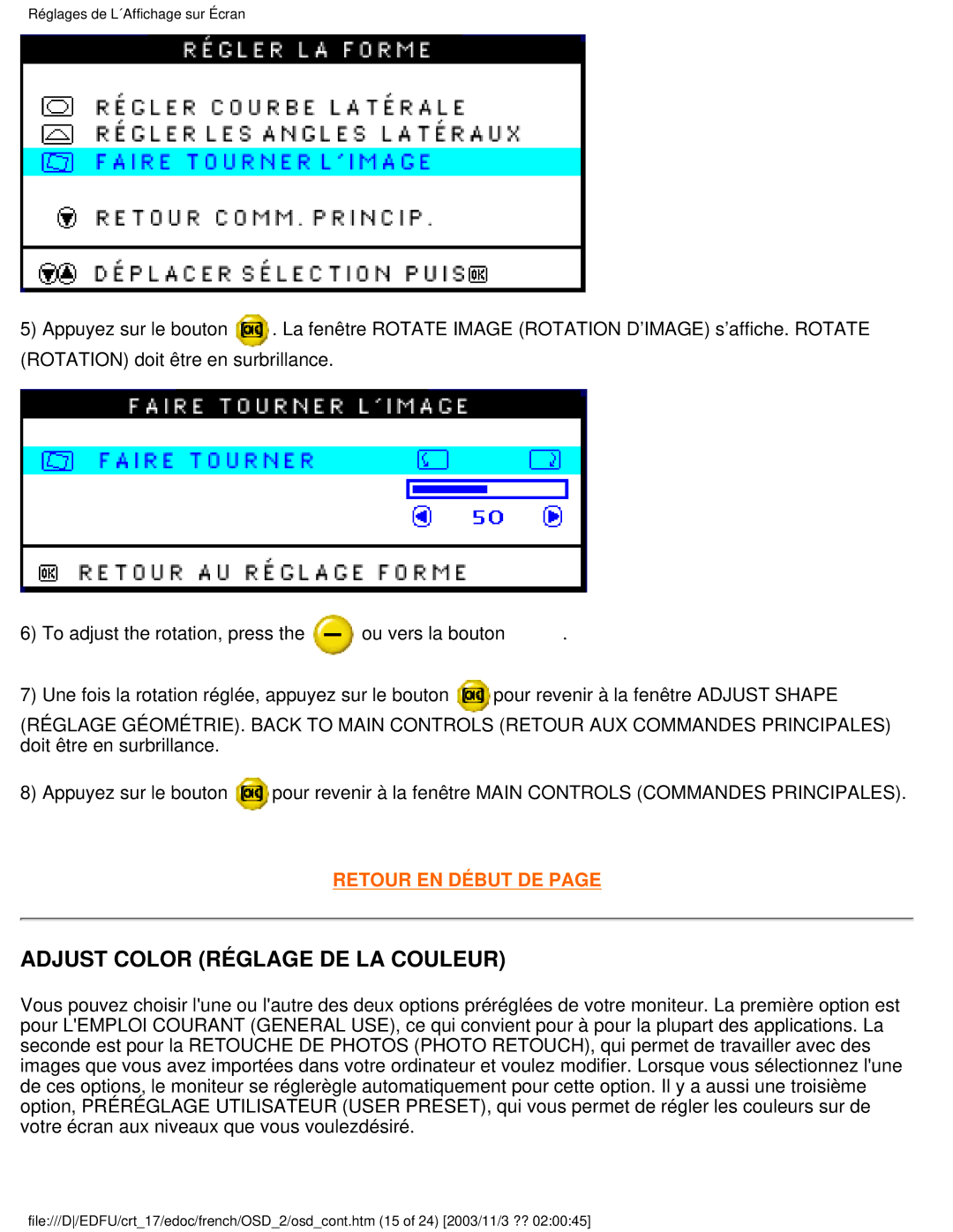 Philips 107E user manual Adjust Color Réglage DE LA Couleur 