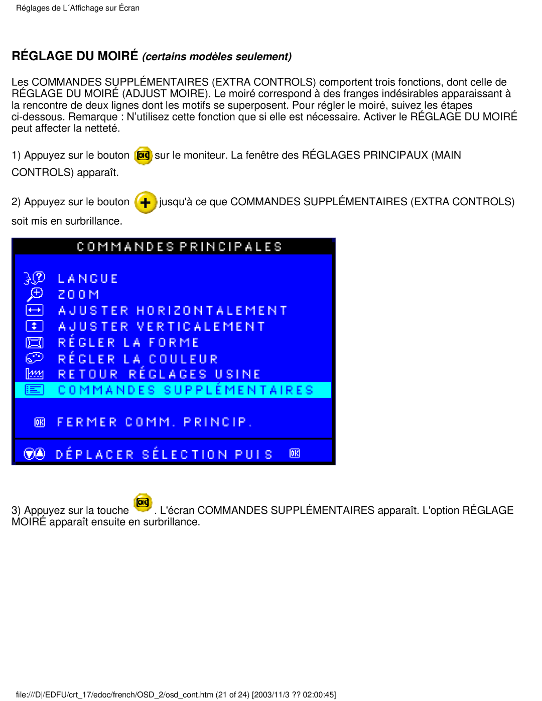 Philips 107E user manual Réglage DU Moiré certains modèles seulement 