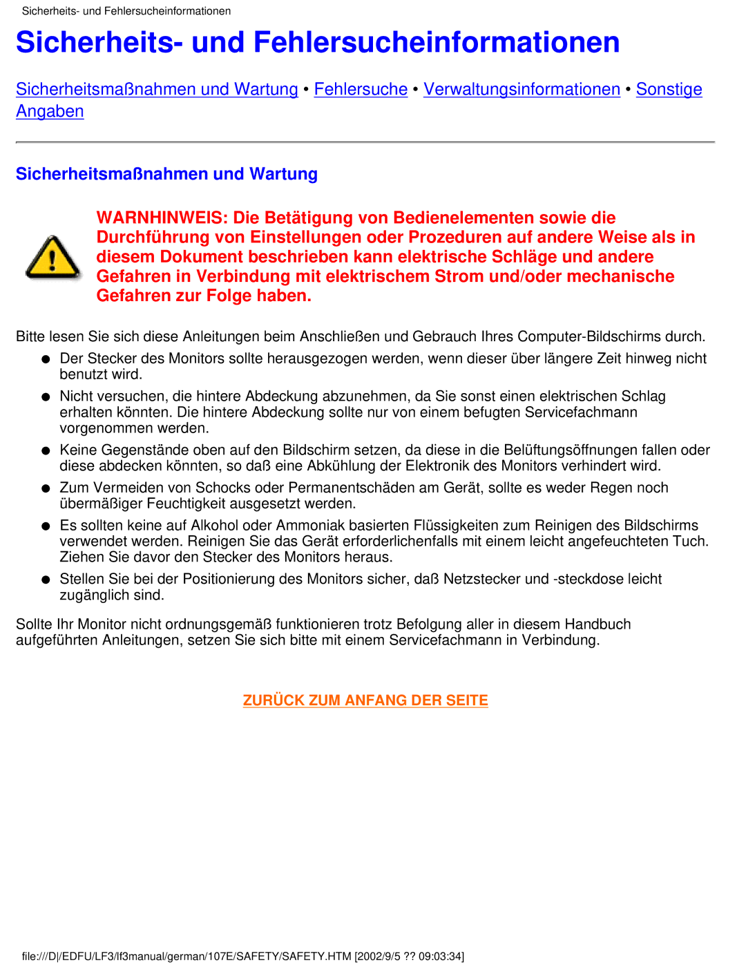 Philips 107E user manual Sicherheits- und Fehlersucheinformationen, Sicherheitsmaßnahmen und Wartung 