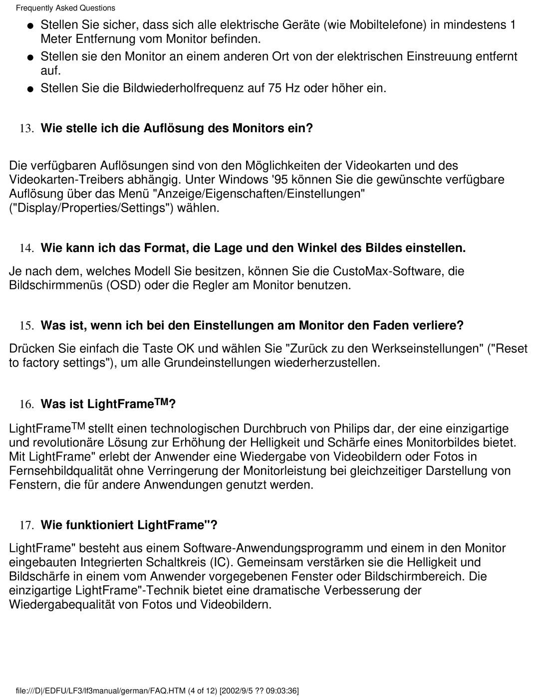 Philips 107E Wie stelle ich die Auflösung des Monitors ein?, Was ist LightFrameTM?, Wie funktioniert LightFrame? 