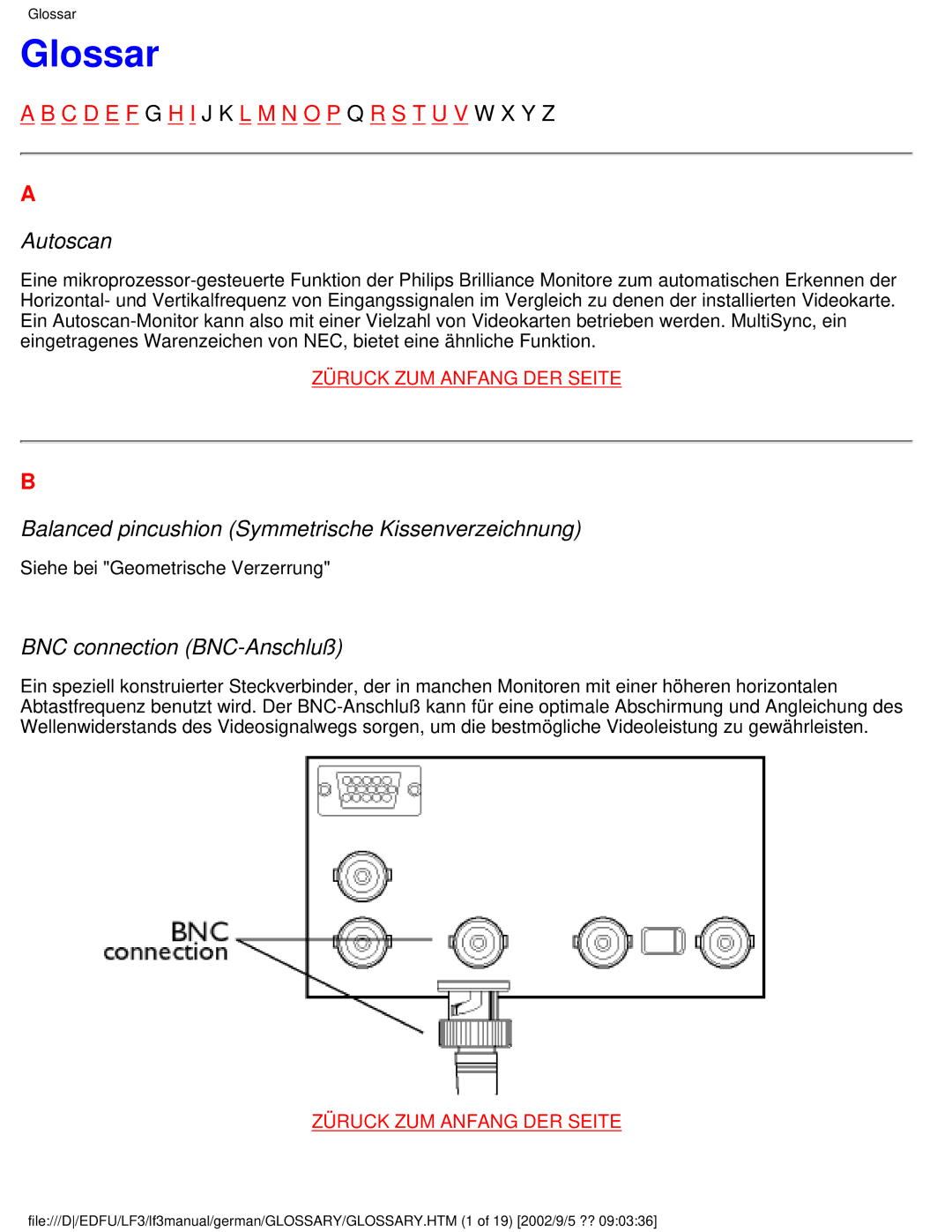 Philips 107E Glossar, Autoscan, Balanced pincushion Symmetrische Kissenverzeichnung, BNC connection BNC-Anschluß 