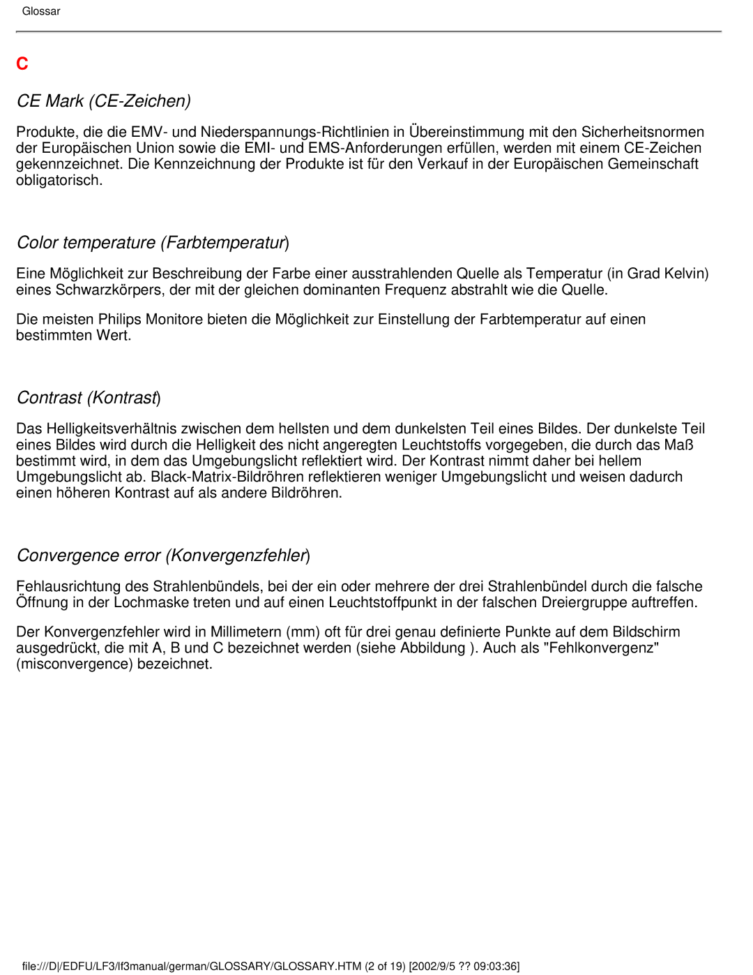 Philips 107E CE Mark CE-Zeichen, Color temperature Farbtemperatur, Contrast Kontrast, Convergence error Konvergenzfehler 