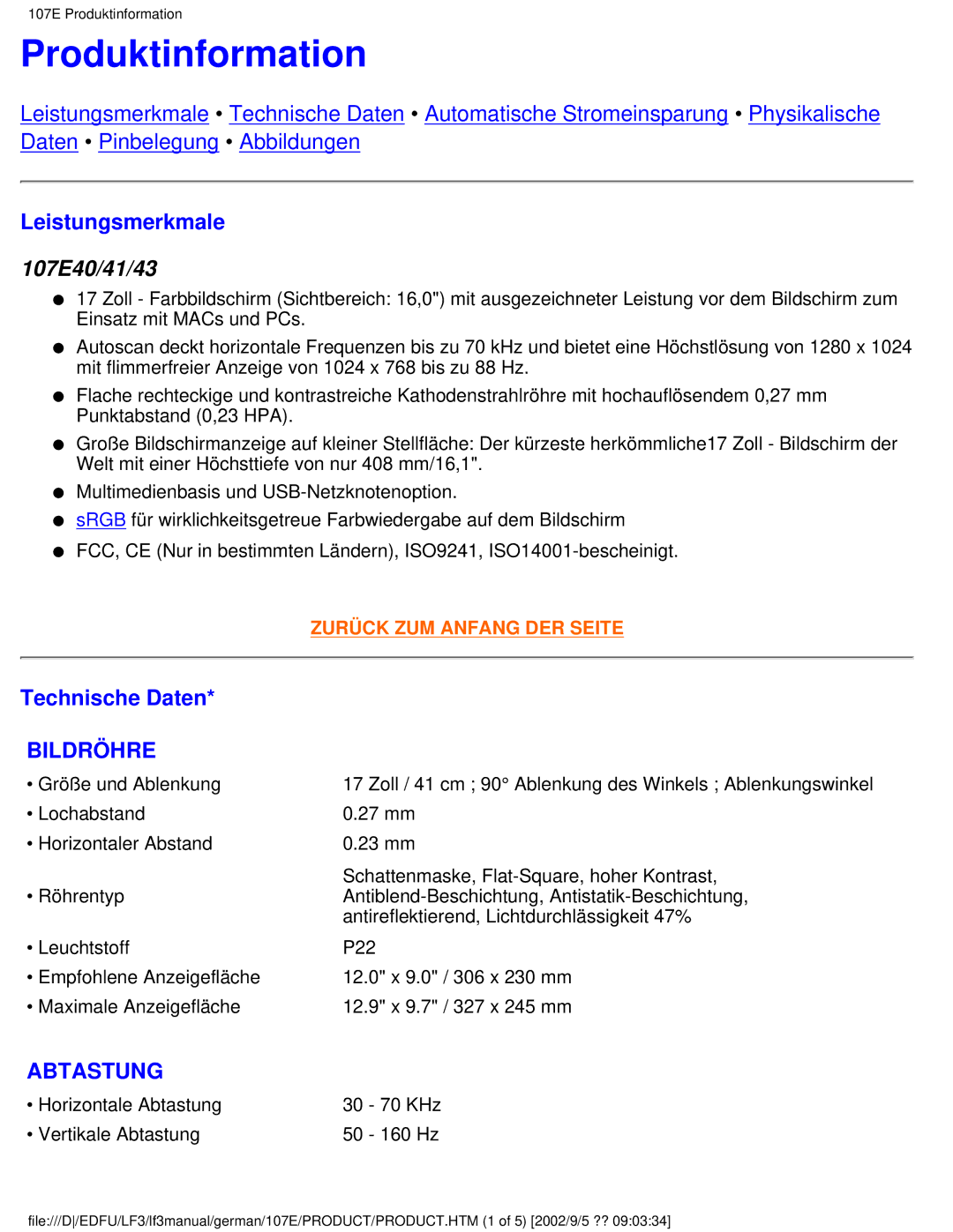 Philips 107E user manual Produktinformation, Leistungsmerkmale, Technische Daten 