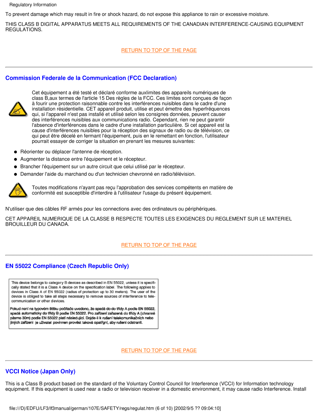 Philips 107E user manual EN 55022 Compliance Czech Republic Only 