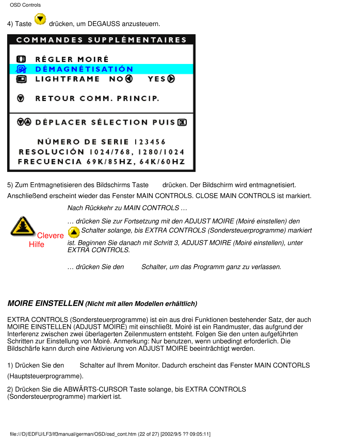 Philips 107E user manual Moire Einstellen Nicht mit allen Modellen erhältlich 