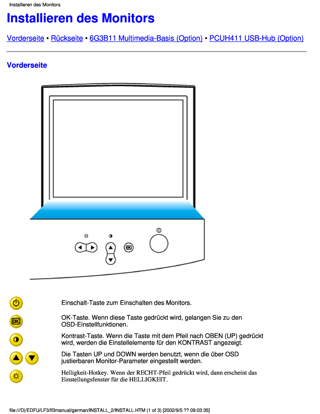 Philips 107E user manual Installieren des Monitors, Vorderseite 