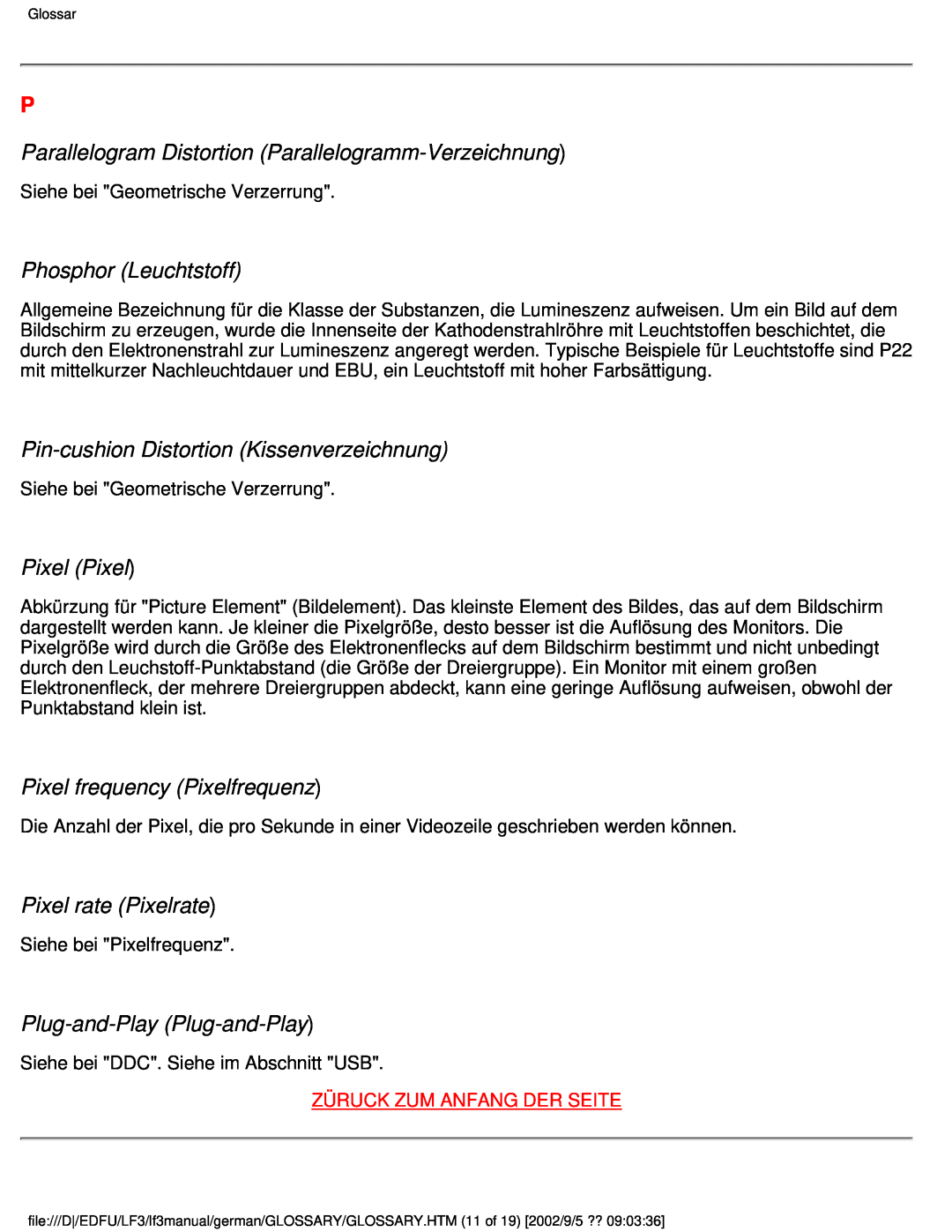 Philips 107E Parallelogram Distortion Parallelogramm-Verzeichnung, Phosphor Leuchtstoff, Pixel Pixel, Pixel rate Pixelrate 