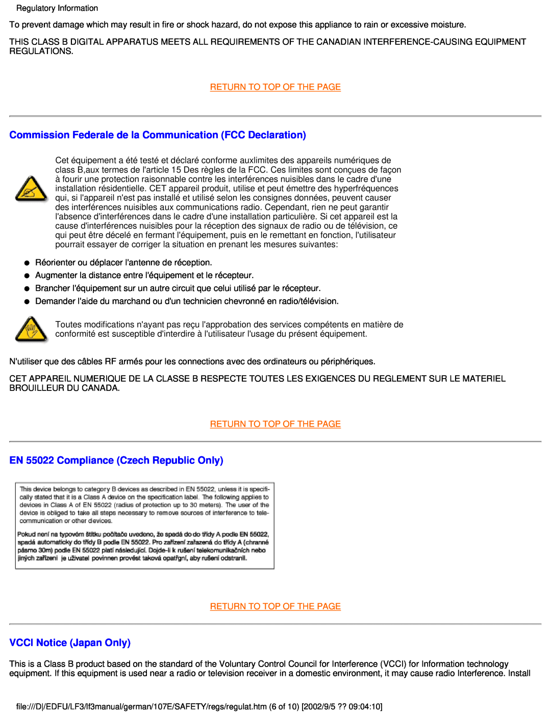 Philips 107E user manual Commission Federale de la Communication FCC Declaration, EN 55022 Compliance Czech Republic Only 