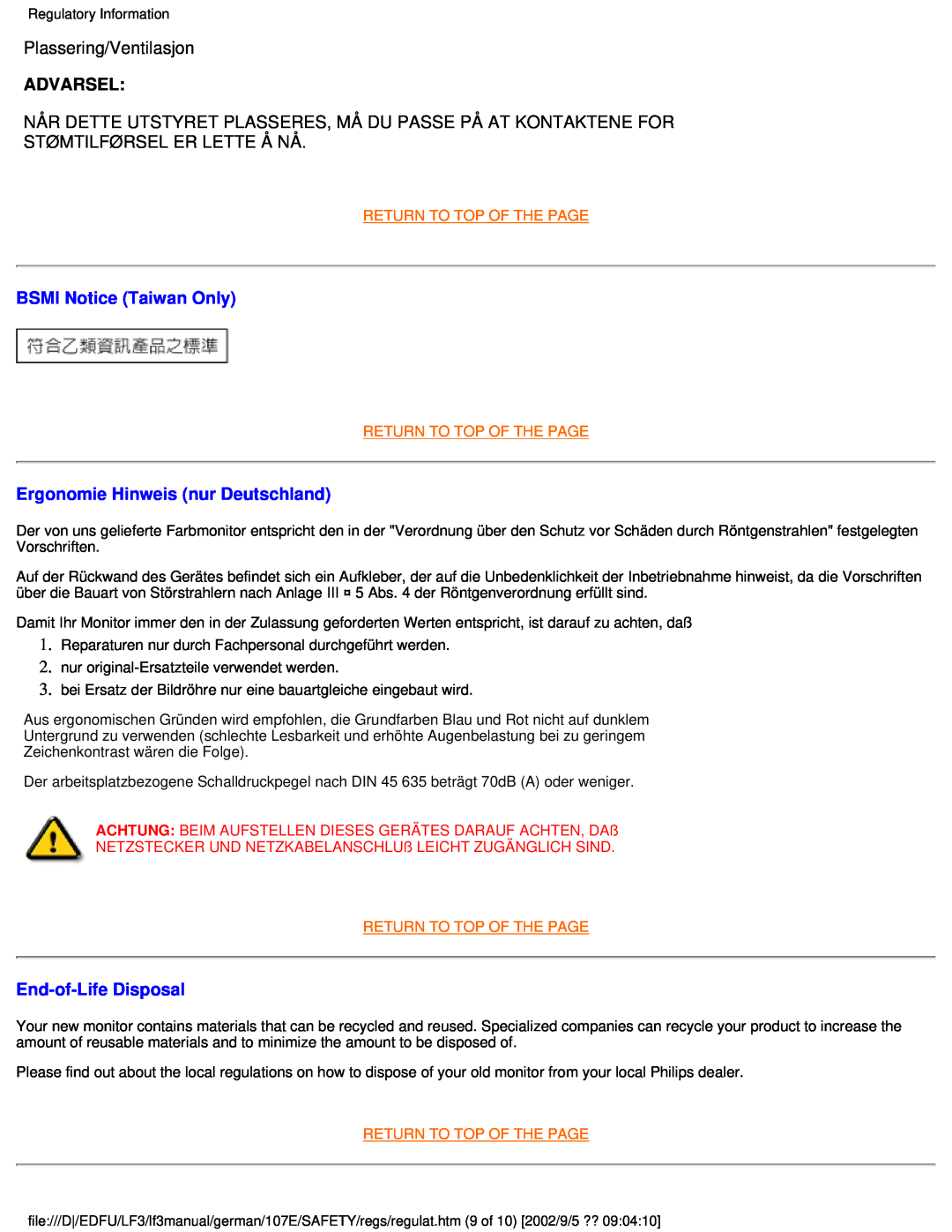 Philips 107E user manual Advarsel, BSMI Notice Taiwan Only, Ergonomie Hinweis nur Deutschland, End-of-Life Disposal 