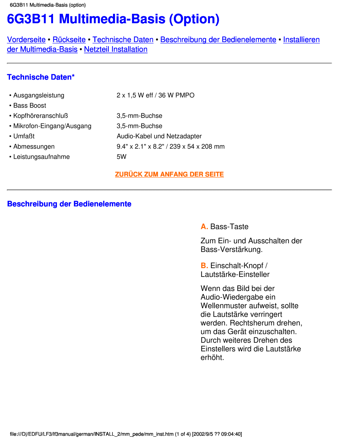 Philips 107E user manual 6G3B11 Multimedia-Basis Option, Technische Daten, Beschreibung der Bedienelemente 