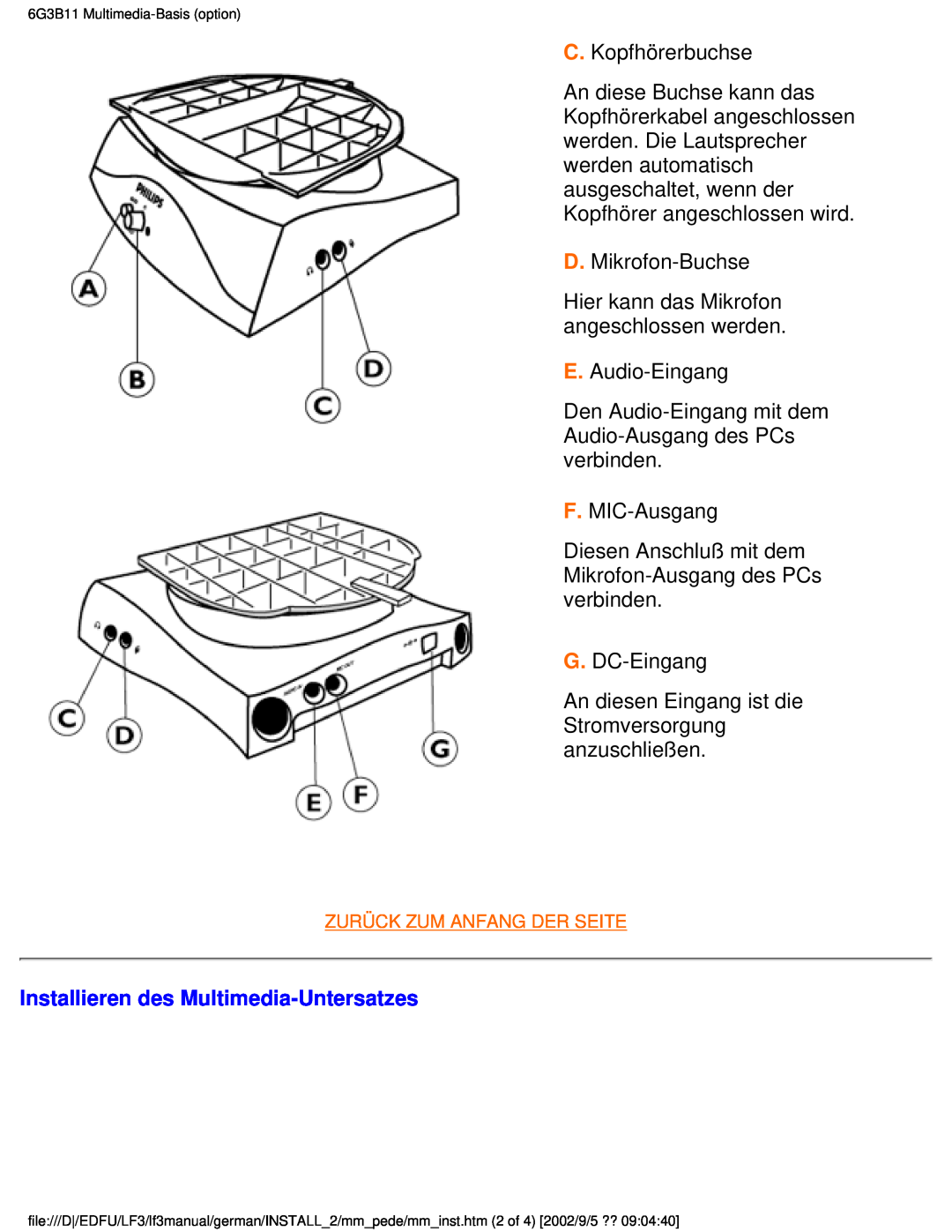 Philips 107E user manual Installieren des Multimedia-Untersatzes 