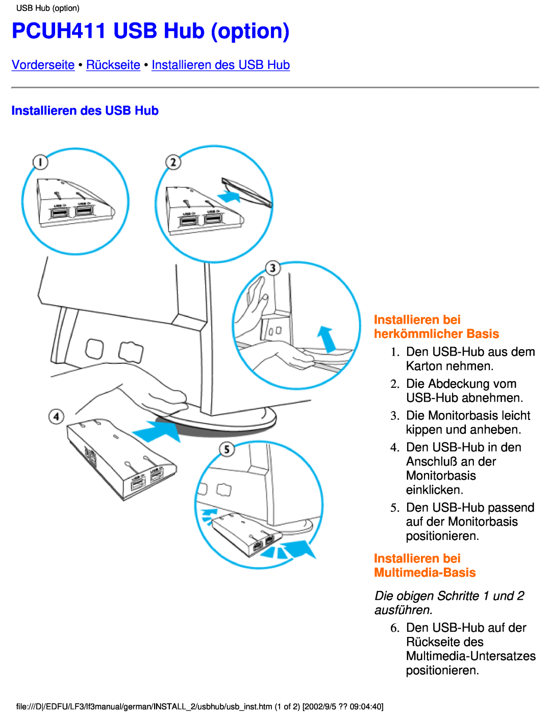 Philips 107E PCUH411 USB Hub option, Vorderseite Rückseite Installieren des USB Hub, Installieren bei herkömmlicher Basis 