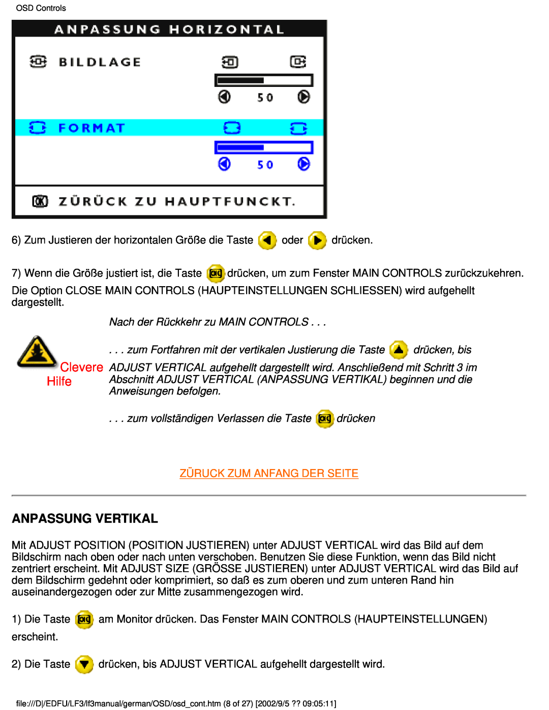 Philips 107E user manual Anpassung Vertikal, Clevere Hilfe, Nach der Rückkehr zu MAIN CONTROLS, drücken, bis 