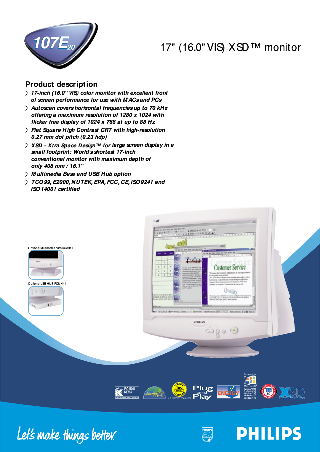 Philips 107E20 manual 17 16.0 VIS XSD monitor, Product description, 0.27mm dot pitch 0.23 hdp 